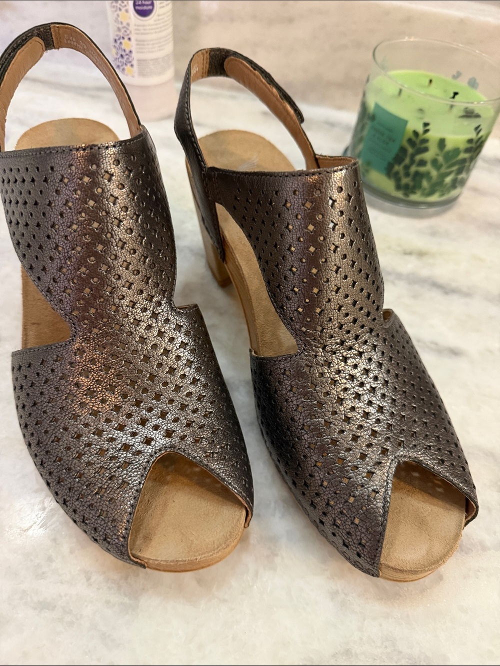 Dansko Metallic Bronze Perforated Peep-Toe Slingback Sandals